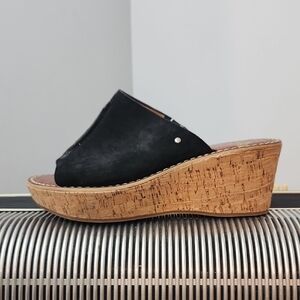 SAM EDELMAN BLACK SUEDE CORK WEDGE SLIP ON SANDALS SZ 8